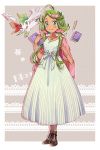  1girl ahoge alternate_costume bangs blush border bracelet breasts brown_footwear character_name cleavage closed_mouth collarbone commentary_request dress eyelashes flower full_body gen_4_pokemon green_eyes green_hair hair_flower hair_ornament holding jewelry long_hair mallow_(pokemon) mythical_pokemon outline outside_border pokemon pokemon_(anime) pokemon_(creature) pokemon_sm_(anime) sasairebun shaymin shaymin_(sky) shiny shiny_hair shoes smile swept_bangs 