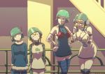  4girls bis_(jsr) blonde_hair blue_dress blush bob_cut breast_envy breasts cleavage commentary crying deep_skin detached_sleeves dress dual_persona english_commentary facial_tattoo green_hair green_sweater gum_(jsr) headphones helmet jet_set_radio knee_pads large_breasts medium_breasts multiple_girls nose_blush parody pokemon pokemon_(anime) pokemon_(classic_anime) popped_collar see-through_sleeves short_dress short_hair small_breasts spray_can streaming_tears striped striped_sweater sweater tattoo tears thighhighs time_paradox turtleneck turtleneck_dress turtleneck_sweater tyrone white_dress wireless zettai_ryouiki 