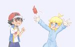  2boys ahoge akasaka_(qv92612) ash_ketchum bangs blonde_hair blue_jumpsuit blush blush_stickers clemont_(pokemon) clenched_hands commentary_request eyebrows_visible_through_hair gen_4_pokemon glasses hands_up long_sleeves multiple_boys open_mouth outstretched_arms pokemon pokemon_(anime) pokemon_(creature) pokemon_swsh_(anime) pokemon_xy_(anime) rotom rotom_phone spread_fingers tongue v-shaped_eyebrows 