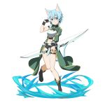  1girl animal_ears asymmetrical_sleeves black_footwear black_ribbon black_shorts blue_eyes blue_hair bow_(weapon) breastplate cat_ears closed_mouth detached_sleeves full_body green_sleeves hair_between_eyes hair_ribbon highres holding holding_bow_(weapon) holding_weapon long_sleeves looking_at_viewer midriff navel official_art ribbon shiny shiny_hair short_hair_with_long_locks short_shorts shorts sidelocks single_sleeve sinon_(sao-alo) smile solo standing standing_on_one_leg stomach sword_art_online sword_art_online:_code_register thigh_gap thigh_strap transparent_background weapon 