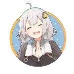  1girl artist_name binchou_maguro black_jacket braid circle closed_eyes commentary facing_viewer food food_on_face fur-trimmed_jacket fur_trim grey_hair hair_ornament hands_together jacket kizuna_akari open_mouth portrait rice rice_on_face shirt smile solo star_(sky) twin_braids voiceroid white_shirt 