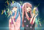  2girls bamboo bamboo_leaf bangs binchou_maguro black_kimono blue_hair blunt_bangs cherry_blossom_print commentary floral_print hair_ornament highres holding_tanzaku japanese_clothes kimono kotonoha_akane kotonoha_aoi long_hair looking_away multiple_girls obi open_mouth pink_eyes pink_hair pink_kimono sash siblings side-by-side sidelocks sisters sky smile sparkle star_(sky) star_(symbol) star_hair_ornament starry_sky tanzaku upper_body voiceroid yukata 