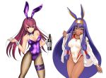  aiuti animal_ears bottle bow bowtie breasts bunny_ears bunny_girl bunny_tail bunnysuit cleavage commentary_request competition_swimsuit cowboy_shot cup dark_skin detached_collar drinking_glass earrings facial_mark fake_animal_ears fate/grand_order fate_(series) fishnet_legwear fishnets hoop_earrings jackal_ears jacket jewelry leg_garter leotard long_hair looking_at_viewer low-tied_long_hair medium_breasts nitocris_(fate/grand_order) one-piece_swimsuit pantyhose purple_eyes purple_hair purple_leotard purple_neckwear red_eyes scathach_(fate)_(all) scathach_(fate/grand_order) simple_background strapless strapless_leotard swimsuit tail white_background white_jacket white_swimsuit wine_bottle wine_glass wrist_cuffs 