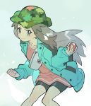  1girl bike_shorts buttons camouflage_headwear clenched_hand closed_mouth coat collarbone commentary_request eyelashes green_coat grey_eyes grey_hair highres holding holding_poke_ball knees leaf_(pokemon) long_hair long_sleeves looking_to_the_side poke_ball poke_ball_(basic) pokemon pokemon_(game) pokemon_masters_ex rata_(m40929) shiny shiny_hair sidelocks smile solo 