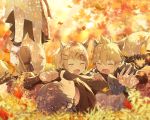  1girl 2boys animal_ears autumn autumn_leaves bangs black_scarf blonde_hair blue_hair closed_eyes commentary dress falling_leaves fox_boy fox_ears fox_girl fox_tail hair_ornament hairclip japanese_clothes kagamine_len kagamine_rin kaito leaf lying multiple_boys on_back on_person open_mouth playing scarf short_hair sinaooo smile spiked_hair standing swept_bangs symbol_commentary tail vocaloid white_dress 