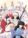  5boys absurdres alternate_hairstyle bangs black_eyes black_hair braid braided_ponytail brothers brown_eyes chinese_clothes clenched_hand cloud creator_connection crescent crossover facial_mark facial_scar forehead_mark hair_down hair_tousle hairstyle_switch hand_up herb_(ranma_1/2) high_ponytail highres inuyasha inuyasha_(character) japanese_clothes katana kimono long_hair looking_at_viewer male_focus mao_(mao) mao_(takahashi_rumiko) mountain multicolored_hair multiple_boys multiple_crossover outstretched_arm pants pointy_ears ponytail ranma_1/2 red_eyes ribbon-trimmed_sleeves ribbon_trim saotome_ranma sash scar sesshoumaru shinkan siblings sidelocks single_braid sleeves_rolled_up smile sword two-tone_hair very_long_hair weapon white_hair yellow_eyes 