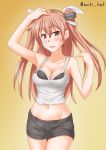  1girl alternate_costume anti_(untea9) arm_up black_bra black_shorts bra breasts brown_eyes camisole casual cleavage commentary_request cowboy_shot gradient gradient_background groin hair_ornament hair_ribbon highres johnston_(kantai_collection) kantai_collection light_brown_hair long_hair looking_at_viewer medium_breasts midriff navel ribbon school_uniform serafuku short_shorts shorts solo two_side_up underwear white_camisole white_ribbon yellow_background 