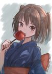 1girl alternate_costume blue_kimono brown_eyes brown_hair candy_apple commentary_request food japanese_clothes kantai_collection kimono looking_at_viewer sendai_(kantai_collection) short_hair solo twitter_username two_side_up wss_(nicoseiga19993411) yukata 