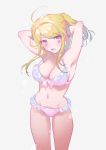  1girl ahoge akamatsu_kaede armpits arms_behind_back arms_up bare_arms bare_shoulders blonde_hair bra breasts check_commentary cleavage commentary_request danganronpa eyebrows_visible_through_hair feet_out_of_frame frilled_bra frilled_panties frills grey_background hair_up medium_breasts new_danganronpa_v3 panties ponytail purple_eyes sidelocks simple_background solo tying_bra underwear underwear_only white_bra white_panties zang_li 