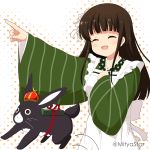  1girl :d ^_^ ama_usa_an_uniform animal anko_(gochiusa) apron bangs blush brown_hair bunny closed_eyes commentary_request crown eyebrows_visible_through_hair flower frilled_apron frills gochuumon_wa_usagi_desu_ka? green_kimono hair_flower hair_ornament halftone halftone_background japanese_clothes kimono long_hair long_sleeves maid_apron miicha mini_crown open_mouth outstretched_arm polka_dot smile striped twitter_username ujimatsu_chiya uniform vertical-striped_kimono vertical_stripes very_long_hair waitress white_apron white_background white_flower wide_sleeves 