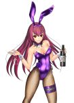  aiuti animal_ears bottle bow bowtie breasts bunny_ears bunny_girl bunny_tail bunnysuit cleavage cup detached_collar drinking_glass fake_animal_ears fate/grand_order fate_(series) fishnet_legwear fishnets leg_garter leotard long_hair medium_breasts pantyhose purple_hair purple_leotard purple_neckwear red_eyes scathach_(fate)_(all) scathach_(fate/grand_order) simple_background strapless strapless_leotard tail white_background wine_bottle wine_glass wrist_cuffs 