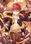  2boys akabane_karma ansatsu_kyoushitsu belt collar collarbone collared_shirt explosive grenade grin gun hat knife koro-sensei kunugigaoka_middle_school_uniform looking_at_viewer multiple_boys parrareru red_hair school_uniform shirt short_hair smile smoke tentacles weapon yellow_eyes 