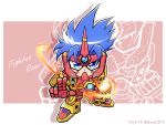  1boy blue_hair character_name chibi clenched_hand fighter_roar fighting_stance glowing glowing_hand kouta_azuma looking_at_viewer power_armor shokkaa_(shmz61312) solo super_robot_wars super_robot_wars_original_generation super_robot_wars_original_generation_gaiden 