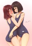  2girls ass bob_cut brown_hair glasses highres hug kama_iruka multiple_girls name_tag one-piece_swimsuit original red_eyes red_hair school_swimsuit short_hair simple_background swimsuit yellow_eyes yuri 