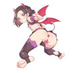  1girl all_fours ass baakurou bangs bare_shoulders bat_wings black_gloves black_hair black_legwear blush breasts commentary_request covered_nipples demon_girl demon_horns demon_tail demon_wings eyebrows_visible_through_hair feet fudou_devi full_body gloves grin heart heart_pasties highres horns kiratto_pri_chan looking_at_viewer looking_back maebari no_shoes pasties pretty_(series) purple_eyes revealing_clothes short_hair small_breasts smile soles solo succubus sweat tail thighhighs toeless_legwear toes v white_background wings 