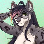  1:1 absurd_res anthro black_hair eyebrows eyelashes eyewear felid female fur glasses green_eyes grey_body grey_fur hair hi_res leopard looking_at_viewer mammal pantherine redcreator smile solo spots spotted_body spotted_fur 