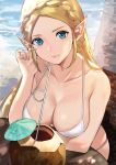  1girl adjusting_hair bangs bare_shoulders beach bikini blonde_hair blue_eyes blush braid breasts cleavage closed_mouth cocktail_umbrella coconut collarbone commentary crown_braid day drinking_straw forehead french_braid hand_up highres j@ck large_breasts long_hair looking_at_viewer ocean outdoors pointy_ears princess_zelda sitting skindentation smile solo swimsuit the_legend_of_zelda the_legend_of_zelda:_breath_of_the_wild upper_body water white_bikini 