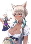  ... 2girls absurdres anger_vein animal_ears bangs black_choker blush breasts cat_ears cat_tail choker cleavage closed_mouth collarbone dark_skin facial_mark final_fantasy final_fantasy_xiv glomp grey_hair hat highres hjz_(artemi) holding holding_clothes holding_hat hug lips looking_at_viewer medium_breasts miqo&#039;te multiple_girls multiple_views neck_tattoo short_hair silver_eyes simple_background spoken_ellipsis tail tattoo upper_body whisker_markings white_background white_hair y&#039;shtola_rhul 