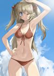  1girl absurdres bikini blue_eyes blue_sky breasts brown_hair cloud collarbone contrapposto front-tie_top hand_on_hip highres long_hair looking_at_viewer mariel_(p&amp;d) navel one_eye_closed puzzle_&amp;_dragons red_bikini side-tie_bikini sky small_breasts solo standing swimsuit two_side_up yogukasu 