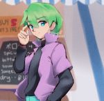  1boy artist_name bangs blue_eyes blurry blurry_background closed_mouth commentary cynccino dated drew_(pokemon) english_commentary eyebrows_visible_through_hair green_hair green_pants hand_up jacket looking_at_viewer male_focus open_clothes open_jacket pants pokemon pokemon_(anime) pokemon_rse_(anime) popped_collar purple_jacket short_sleeves signature smile solo 