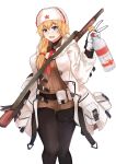  1girl :d alcohol alternate_costume blonde_hair blue_eyes bolt_action bottle dress feet_out_of_frame fur_hat girls_frontline gloves gun hat highres holding holding_bottle long_hair mod3_(girls_frontline) mosin-nagant mosin-nagant_(girls_frontline) muteppona_hito open_mouth pantyhose parted_lips red_star rifle side_ponytail smile sniper_rifle thigh_strap thighhighs ushanka v vodka weapon weapon_on_back white_background white_dress white_headwear 
