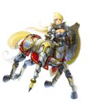  1girl android antenna_hair armor bangs barding blonde_hair blunt_bangs breastplate breasts centaur chainmail cleavage commentary_request commission full_armor full_body gauntlets highres holding holding_lance holding_polearm holding_shield holding_weapon hooves horse_tail knight lance large_breasts level-00 long_hair looking_up mechanical_parts multiple_legs original polearm red_eyes shield shin_guards shoulder_armor sidelocks simple_background smile solo spaulders standing tail thick_eyebrows weapon white_background 