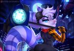  2020 amanddica anthro blue_eyes city clothing ear_piercing eyebrows eyewear female fur goggles goggles_on_head hair hammer hi_res lombax mammal markings moon night one_eye_closed patreon piercing pink_nose purple_body purple_fur purple_markings ratchet_and_clank rift_apart_lombax solo sony_corporation sony_interactive_entertainment tools video_games 