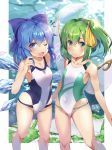  2girls ;d blue_bow blue_eyes blue_hair blue_swimsuit bow cirno closed_mouth collarbone daiyousei fairy_wings flat_chest frown green_eyes green_swimsuit hair_bow hair_ribbon highres ice ice_wings looking_at_viewer multiple_girls one-piece_swimsuit one_eye_closed open_mouth renka_(renkas) ribbon short_hair side_ponytail smile standing swimsuit touhou two-tone_swimsuit white_swimsuit wings yellow_ribbon 