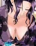  1girl artist_name breasts collarbone commentary english_commentary eyelashes eyes_visible_through_hair grand_blue half-closed_eyes hamaoka_azusa hanging_breasts highres japanese_clothes john_mangalile kimono large_breasts lips looking_down mixed-language_commentary off_shoulder parted_lips purple_eyes purple_hair purple_kimono short_hair signature solo upper_body 