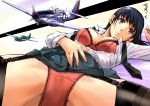  1girl aircraft airplane bangs black_legwear black_neckwear blue_eyes blue_skirt bra breasts commentary_request crotch_seam garter_straps lying medium_breasts necktie on_back open_clothes open_mouth open_shirt original panties pleated_skirt presenting red_bra red_panties school_uniform shirt simple_background skirt solo spread_legs thighhighs thighs underwear white_shirt yuya 