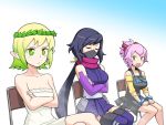  3girls apron ayame_(gundam_build_divers) black_hair breasts character_request cleavage closed_eyes copyright_request green_eyes green_hair gundam gundam_build_divers kanda_sumire large_breasts looking_ahead looking_to_the_side medium_breasts multiple_girls ninja pink_hair pointy_ears short_hair sitting yellow_eyes 