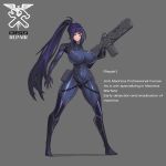  1girl absurdres assault_rifle blue_bodysuit blue_eyes blue_hair bodysuit breasts collarbone covered_navel covered_nipples english_commentary english_text eyebrows_visible_through_hair eyes_visible_through_hair full_body grey_background gun highres huge_breasts impossible_bodysuit impossible_clothes long_hair looking_at_viewer original platinum1945 ponytail rifle serious shiny shiny_clothes skin_tight solo trigger_discipline tsurime very_long_hair weapon 