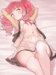  1girl akagi_anna arms_behind_head baakurou bangs breasts commentary_request covered_nipples drill_hair highres kiratto_pri_chan long_hair looking_at_viewer lying miniskirt navel on_back on_bed open_clothes open_shirt panties pink_hair pleated_skirt pretty_(series) skindentation skirt small_breasts solo thighhighs twintails underwear white_panties yellow_eyes 