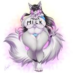  1:1 absurd_res anthro baniflakes bedroom_eyes belly big_breasts black_hair breasts canid canine canis chubby_female claws clothing curvy_figure ear_piercing ear_ring female fluffy fluffy_tail fur grey_body grey_fur hair half-closed_eyes hi_res huge_breasts long_hair long_tail looking_at_viewer makeup mammal mega_milk meme narrowed_eyes navel neck_tuft overweight overweight_anthro overweight_female panties pawpads piercing purple_eyes seductive shirt smile solo solo_focus standing thick_thighs topwear tuft under_boob underwear voluptuous white_body white_fur wolf 