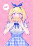  1girl absurdres ahoge akamatsu_kaede alternate_costume bare_arms blonde_hair blue_bow blue_dress blue_neckwear bow bread breasts check_commentary commentary_request cowboy_shot croissant danganronpa dot_nose dress eyebrows_visible_through_hair food gingham gingham_dress hair_bow hair_ribbon heart highres holding holding_food medium_breasts musical_note musical_note_hair_ornament new_danganronpa_v3 patterned_background pinafore_dress pink_background purple_eyes ribbon shirt short_hair short_sleeves solo spoken_heart undershirt white_shirt zang_li 