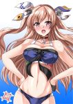  1girl bikini black_gloves blue_background blue_bikini blush breasts brown_eyes choker cleavage commentary_request cowboy_shot gloves gradient gradient_background hair_ornament hair_ribbon hands_on_hips highres johnston_(kantai_collection) kantai_collection kentan_(kingtaiki) light_brown_hair long_hair looking_at_viewer medium_breasts navel ribbon single_glove solo swimsuit two_side_up 