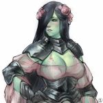  1girl armor bad_id bad_tumblr_id biting blue_eyes borrowed_character bra breasts cleavage cropped elbow_pads female_orc flower gauntlets gorget green_skin hair_flower hair_ornament hair_over_one_eye highres large_breasts lingerie lip_biting lips long_hair mole mole_under_eye nat_the_lich nina_(scathegrapes) orc original plate_armor rose see-through shoulder_armor solo straight_hair tusks underwear upper_body white_bra 