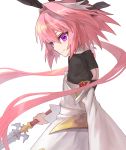  &gt;:) 1boy animal_ears astolfo_(fate) astolfo_(saber)_(fate) bangs black_bow black_ribbon bow bunny_ears closed_mouth determined fake_animal_ears fate/grand_order fate_(series) from_side hair_bow hair_intakes hair_ribbon highres holding holding_weapon kumo955 long_hair looking_at_viewer looking_to_the_side male_focus multicolored_hair otoko_no_ko pink_hair purple_eyes ribbon simple_background smile solo streaked_hair twintails upper_body v-shaped_eyebrows weapon white_background white_hair wide_sleeves 