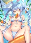  1girl animal_ear_fluff animal_ears beach_umbrella bikini bikini_pull blue_hair blue_nails bracelet braid breasts bunny_ears carrot_hair_ornament cloud cyicheng food food_in_mouth food_themed_hair_ornament hair_ornament hololive jacket jacket_removed jewelry long_hair looking_at_viewer medium_breasts mouth_hold multicolored_hair nail_polish navel necklace patreon_username popsicle sitting sky solo speech_bubble spread_legs stomach striped striped_bikini swimsuit thick_eyebrows thighlet twin_braids two-tone_hair umbrella usada_pekora virtual_youtuber water white_hair 