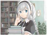  1girl adjusting_eyewear artist_name bespectacled binchou_maguro black_dress blue_eyes book book_stack bookshelf braid commentary dress framed_image glasses grey_hair hand_up holding holding_book indoors kizuna_akari long_hair looking_at_viewer maid maid_dress maid_headdress parted_lips plant puffy_sleeves short_sleeves upper_body vocaloid voiceroid window 