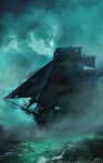  artist_name cloud cloudy_sky commentary fog ghost_ship highres no_humans ocean original phil_c pirate_ship sail scenery ship skull_and_crossbones sky thunder torn torn_sail water watercraft watermark web_address 
