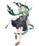  1girl :d bow_(instrument) breasts dress eyebrows_visible_through_hair full_body green_dress green_hair horns instrument ji_no little_match_girl_(sinoalice) looking_at_viewer official_art open_mouth platform_footwear red_eyes sandals scarf single_horn sinoalice sleeveless sleeveless_dress small_breasts smile solo thigh_strap transparent_background upper_teeth violin 