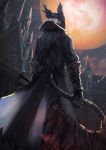  1boy absurdres blood bloodborne building cloak gloves gun haikei_(le_gris_no9) hat highres holding holding_weapon hunter_(bloodborne) male_focus mask moon mouth_mask red_eyes saw_cleaver short_hair sword tricorne weapon white_hair 