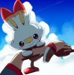  1boy ao_anpk arm_up blush bunny closed_mouth cloud commentary_request dark_skin dark_skinned_male day gen_8_pokemon goh_(pokemon) looking_at_viewer outdoors pokemon pokemon_(anime) pokemon_(creature) pokemon_on_arm pokemon_swsh_(anime) pov scorbunny short_sleeves sky smile 
