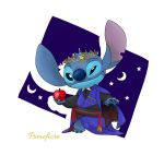  2020 alien apple blue_body blue_claws blue_eyes blue_fur blue_nose blue_pawpads claws clothed clothing crescent_moon crown disney experiment_(lilo_and_stitch) food fruit fur head_tuft holding_food holding_object lilo_and_stitch looking_at_viewer mayoooon_626 moon notched_ear pawpads plant solo standing star stitch_(lilo_and_stitch) text tuft 