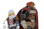  1boy 1girl androgynous armor artist_name assemblerones back-to-back bandages blonde_hair braid cape closed_mouth dated eye_contact ganondorf gerudo glaring hair_over_one_eye height_difference jewelry long_hair looking_at_another mask red_eyes red_hair reverse_trap scowl sheik sheikah short_hair sideburns signature simple_background the_legend_of_zelda the_legend_of_zelda:_ocarina_of_time turban 
