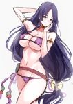  1girl armlet bangs bare_shoulders beads bikini blush breasts choker cleavage collarbone eyepatch_bikini fate/grand_order fate_(series) large_breasts long_hair looking_at_viewer low-tied_long_hair mafuyu minamoto_no_raikou_(fate/grand_order) minamoto_no_raikou_(swimsuit_lancer)_(fate) navel parted_bangs pouch purple_bikini purple_eyes purple_hair rope simple_background smile swimsuit thighs very_long_hair white_background 