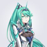  1girl :o bangs breasts chest_jewel commentary_request earrings green_eyes green_hair grey_background jewelry large_breasts long_hair pneuma_(xenoblade) ponytail sarasadou_dan simple_background solo spoilers swept_bangs tiara upper_body very_long_hair xenoblade_chronicles_(series) xenoblade_chronicles_2 