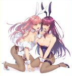  2girls absurdres animal_ears blush bow bowtie breasts bunny_ears bunny_girl bunny_tail bunnysuit cleavage collarbone detached_collar fake_animal_ears fake_tail fate/grand_order fate_(series) fishnet_legwear fishnets fluffy high_heels highres holding_another&#039;s_head kneeling large_breasts leg_garter leotard medb_(fate)_(all) medb_(fate/grand_order) medium_breasts multiple_girls open_mouth pantyhose pink_hair scathach_(fate)_(all) scathach_(fate/grand_order) simple_background strapless strapless_leotard tail tia_(cocorosso) white_background wrist_cuffs yellow_eyes 