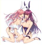  2girls absurdres animal_ears blush bow bowtie breasts bunny_ears bunny_girl bunny_tail bunnysuit cleavage collarbone detached_collar fake_animal_ears fake_tail fate/grand_order fate_(series) fluffy high_heels highres holding_another&#039;s_head kneeling large_breasts leg_garter leotard medb_(fate)_(all) medb_(fate/grand_order) medium_breasts multiple_girls open_mouth pink_hair scathach_(fate)_(all) scathach_(fate/grand_order) simple_background strapless strapless_leotard tail tia_(cocorosso) white_background wrist_cuffs yellow_eyes 